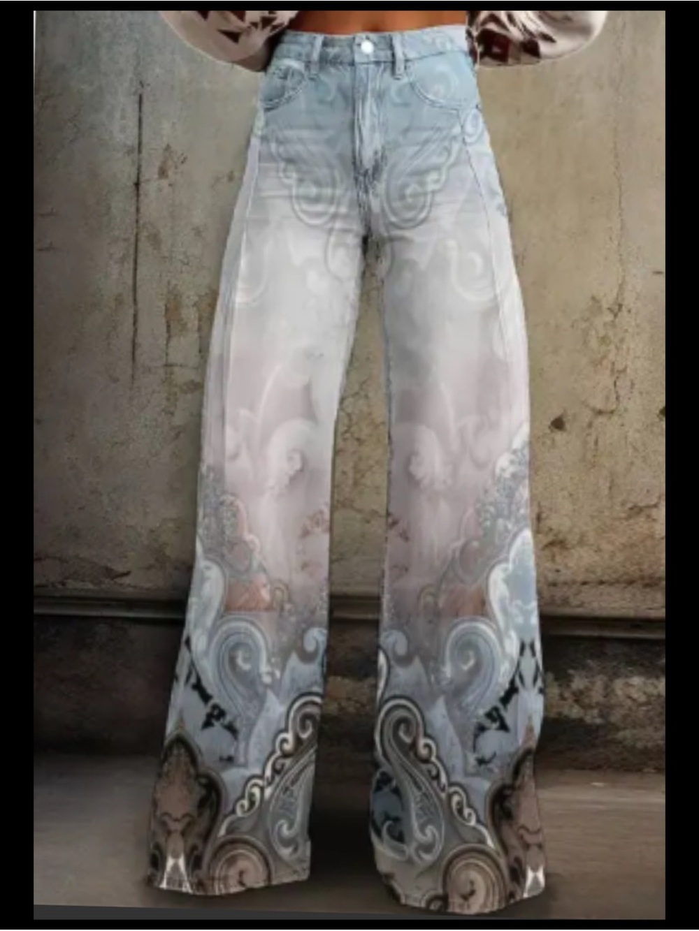 Patterned Wide-Leg Statement Jeans in Light Blue and Cream.14
